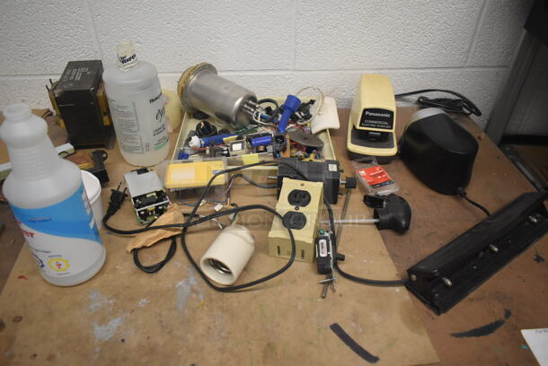 Tan Metal 2 Door Cabinet w/ Contents Including Panasonic Commercial Electric Stapler and Tools on Commercial Casters. - Image 2 of 12