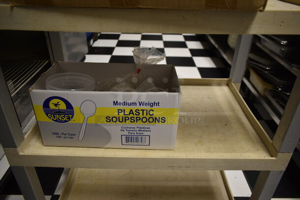 Tan Poly 3 Tier Cart w/ Push Handles and Contents on Commercial Casters. (kitchen #2) - Image 3 of 6