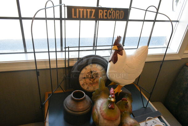 Wall Mount Table w/ Contents Including Vases, Clock and Decor. BUYER MUST REMOVE: Bring Tools and Manpower Needed To Remove This Item. (booth room)  - Image 6 of 11