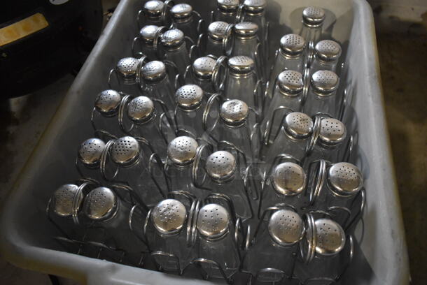 ALL ONE MONEY! Lot of 16 Metal Salt / Pepper Shaker Holders w/ 2 Shakers Each in Gray Poly Bus Bin. 4.5x3x5 - Image 2 of 3