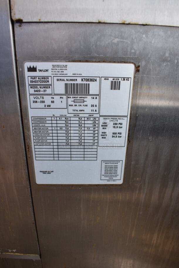 Taylor Model 342D-27 Stainless Steel Commercial Floor Style Air Cooled 2 Flavor Frozen Beverage Machine w/ Drink Mixer Attachment on Commercial Casters. Missing Pieces. 208-230 Volts, 1 Phase. 26x34x60 - Image 4 of 9
