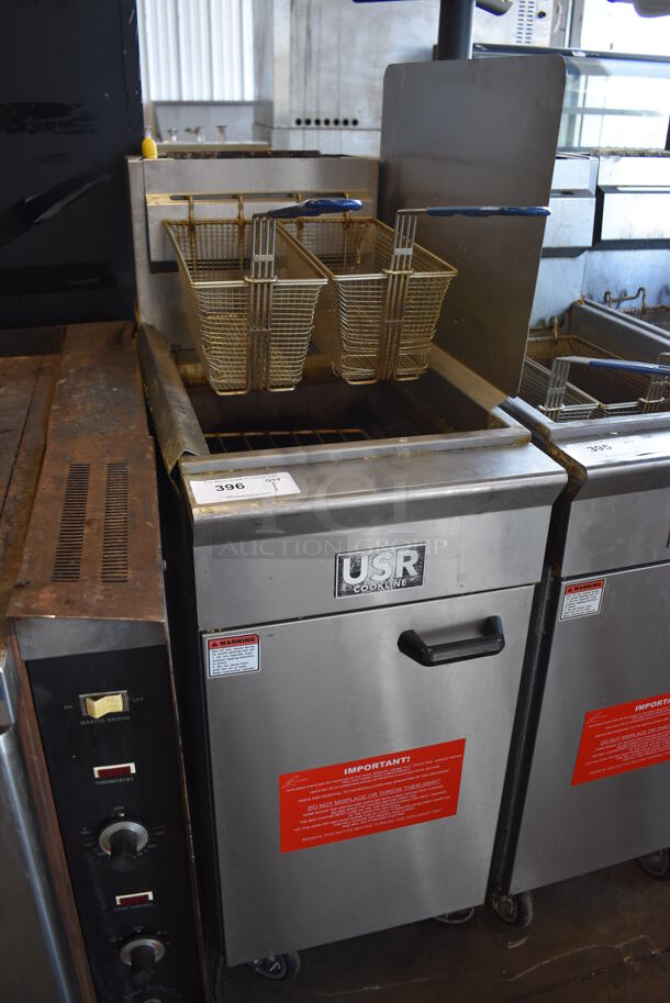 	2019 USR Cookline CF-40 Stainless Steel Commercial Floor Style Natural Gas Powered Deep Fat Fryer w/ 2 Metal Fry Baskets, Right Side Splash Guard and Adapter on Commercial Casters. 90,000 BTU. 16x30x51 - Image 2 of 7