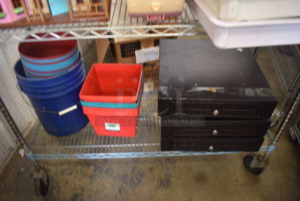 ALL ONE MONEY! Lot of Wall Clocks, Dollhouse And Camper, Cash Drawers, Dough Pans, Plastic Buckets, Cutting Board AND MORE! Does Not Include Metro Shelf. - Image 5 of 5