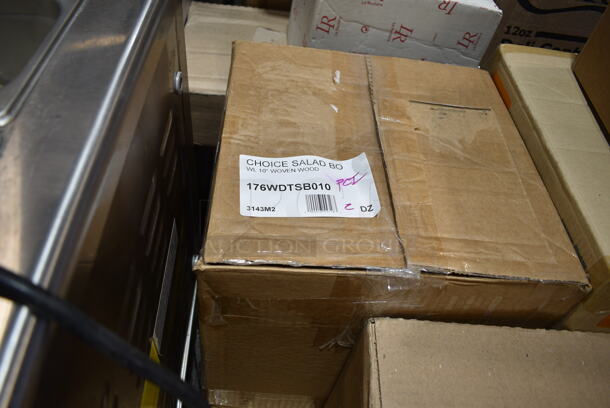 PALLET LOT of 15  BRAND NEW Boxes Including 3 Box 130TRAY18 Visions Black PET Plastic 18" Thermoform Catering / Deli Tray - 25/Case, 127CH24 Choice 24 oz. Clear RPET Hinged Deli Container - 200/Case, 612527LCO Choice 7" Round Standard Weight Foil Take-Out Pan with Board Lid - 200/Case, 176WDTSB010 Choice 10" Woven Wood Salad Bowl - 12/Pack, 2 Box 500CC12HD Choice 12 oz. Plastic Cold Cup - 1000/Case, 5014347M15 Lavex Li'l Herc 56 Gallon 1.5 Mil 43" x 47" Low Density Medium-Duty Black Can Liner / Trash Bag - 100/Case, Kraft Take Out Container, 808124C1 Tablecraft 124C-1 24 oz. Clear Cone Tip Squeeze Bottle with 38 mm Opening - 12/Pack, 6 oz Paper Hot Cups, Stolzle 3580015T Revolution 13 oz. Rocks / Old Fashioned Glass - 6/Pack. 15 Times Your Bid! - Image 6 of 12