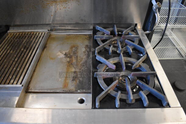 Wolf Stainless Steel Commercial Natural Gas Powered 4 Burner Range w/ Flat Top, Charbroiler, Convection Oven, Warmer, Over Shelf and Back Splash. 48x28x57 - Image 2 of 11