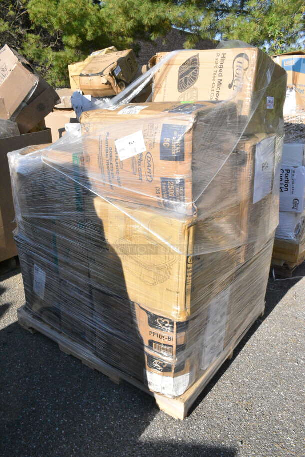 25 BRAND NEW Boxes Including 500CC20 Choice Clear PET Customizable Plastic Cold Cup - 20 oz. - 600/Case, 50012DWPLAKR EcoChoice 12 oz. Smooth Double Wall Kraft Compostable Paper Hot Cup - 500/Case, 395TO961 EcoChoice 9" x 6" x 3" Compostable Sugarcane / Bagasse 1 Compartment Take-Out Container - 200/Case, 127CH64 Choice 64 oz. Clear RPET Hinged Deli Container - 200/Case, 3 Box 130WSPOON Choice Medium Weight White Plastic Teaspoon - 1000/Case, Dart C53PST1 ClearSeal Hinged Lid Plastic Container 5 3/8" x 5 1/4" x 2 5/8" - 500/Case, 500TO993C3 Choice 9" x 9" x 3" Microwaveable 3-Compartment Black / Clear Plastic Hinged Container - 100/Case, 2 Box Bouffant Caps, 500MF663W1C Choice 6" x 6" 1-Compartment Microwaveable White Mineral-Filled Plastic Hinged Take-Out Container - 250/Case, 760SOUP64WBL Choice 64 oz. White Paper Soup / Hot Food Cup Vented Lid - 150/Case, 966UPWIDEB1-500 OneUp by Choice White 1-Ply Wide Interfold 6 1/2" x 8 1/2" Dispenser Napkin - 6000/Case, 129MCS24B Choice 24 oz. Black Rectangular Microwavable Heavy Weight Container with Lid 8" x 5 1/4" x 2" - 150/Case, 500CC20 Choice Clear PET Customizable Plastic Cold Cup - 20 oz. - 600/Case. 25 Times Your Bid!  - Image 1 of 12