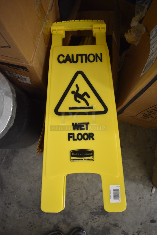 4 BRAND NEW IN BOX! Rubbermaid Yellow Poly Wet Floor Caution Signs. 11x1x27. 4 Times Your Bid!