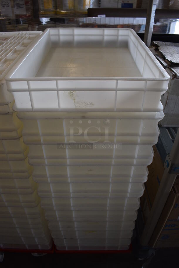 Poly Red Dolly w/ 11 White Poly Dough Bins on Commercial Casters. 16x24x7, 16x24x4