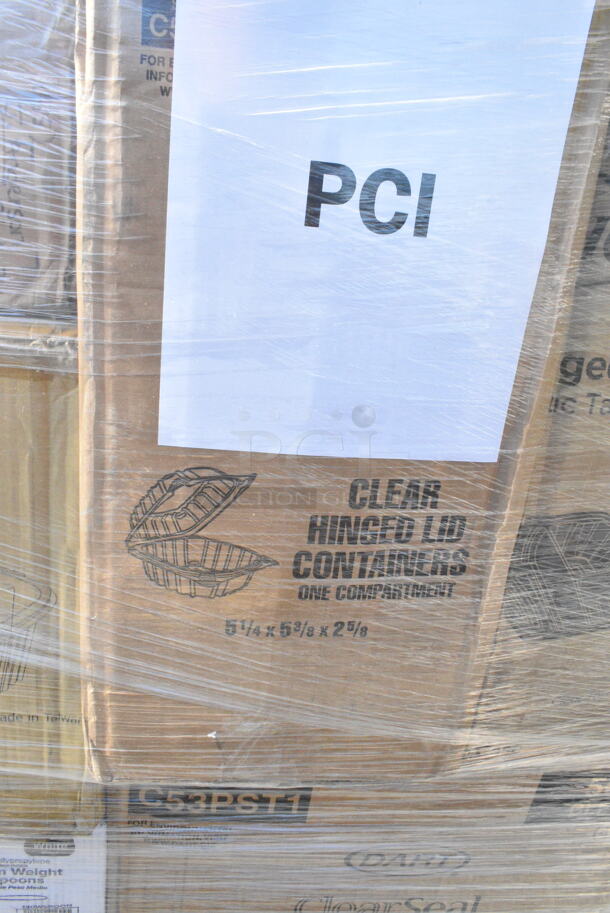 25 BRAND NEW Boxes Including 500CC20 Choice Clear PET Customizable Plastic Cold Cup - 20 oz. - 600/Case, 50012DWPLAKR EcoChoice 12 oz. Smooth Double Wall Kraft Compostable Paper Hot Cup - 500/Case, 395TO961 EcoChoice 9" x 6" x 3" Compostable Sugarcane / Bagasse 1 Compartment Take-Out Container - 200/Case, 127CH64 Choice 64 oz. Clear RPET Hinged Deli Container - 200/Case, 3 Box 130WSPOON Choice Medium Weight White Plastic Teaspoon - 1000/Case, Dart C53PST1 ClearSeal Hinged Lid Plastic Container 5 3/8" x 5 1/4" x 2 5/8" - 500/Case, 500TO993C3 Choice 9" x 9" x 3" Microwaveable 3-Compartment Black / Clear Plastic Hinged Container - 100/Case, 2 Box Bouffant Caps, 500MF663W1C Choice 6" x 6" 1-Compartment Microwaveable White Mineral-Filled Plastic Hinged Take-Out Container - 250/Case, 760SOUP64WBL Choice 64 oz. White Paper Soup / Hot Food Cup Vented Lid - 150/Case, 966UPWIDEB1-500 OneUp by Choice White 1-Ply Wide Interfold 6 1/2" x 8 1/2" Dispenser Napkin - 6000/Case, 129MCS24B Choice 24 oz. Black Rectangular Microwavable Heavy Weight Container with Lid 8" x 5 1/4" x 2" - 150/Case, 500CC20 Choice Clear PET Customizable Plastic Cold Cup - 20 oz. - 600/Case. 25 Times Your Bid!  - Image 11 of 12