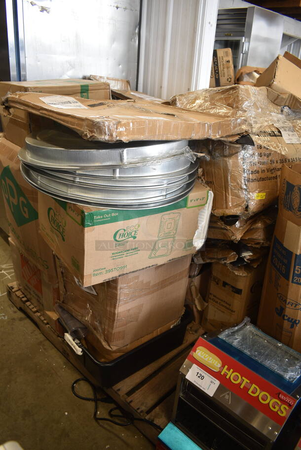 PALLET LOT of 25 BRAND NEW Boxes Including 500MF883W1C Choice 8" x 8" 1-Compartment Microwaveable White Mineral-Filled Plastic Hinged Take-Out Container - 150/Case, Dart 20J16 20 oz. White Customizable Foam Cup - 500/Case, 164TB3030 Lancaster Table & Seating 30" x 30" Cross Cast Iron Table Base Plate, Tin Trash Can Lids, 395TO991 EcoChoice 9" x 9" x 3" Compostable Sugarcane / Bagasse 1 Compartment Take-Out Box - 200/Case, French Fry Bags, 2 Box 500COLLAR8BR EcoChoice 8 oz. Kraft Coffee Cup Sleeve / Jacket / Clutch - 1200/Case, 460EC18UHAND Regency 18" NSF Chrome Utility Cart Handle, 2 Box 105GC36321 Choice 1 Part Green and White Guest Check with Bottom Guest Receipt - 50/Case, 2 Box 500MF883B1C Choice 8" x 8" 1-Compartment Microwaveable Black Mineral-Filled Plastic Hinged Take-Out Container - 150/Case, Regency 600SPL2424R Regency 15" High Stainless Steel Mop Sink Backsplash and Right Side Splash for 24 x 24" Mop Sink. 25 Times Your Bid!  - Image 1 of 12