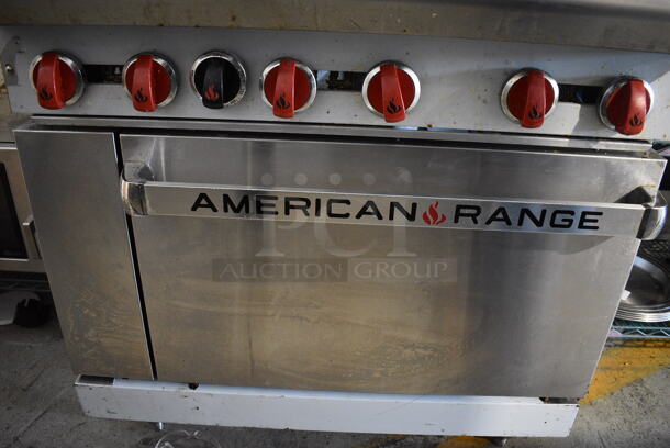 LATE MODEL! American Range Stainless Steel Commercial Natural Gas Powered 6 Burner Range w/ Oven, Over Shelf and Back Splash. 36x32.5x56 - Image 5 of 6
