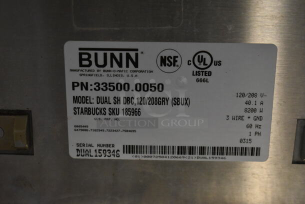 2015 Bunn DUAL SH DBC Stainless Steel Commercial Countertop Double Coffee Machine w/ Hot Water Dispenser, 2 Coffee Servers and 2 Metal Brew Baskets. 120/208 Volts, 1 Phase.  - Image 7 of 10