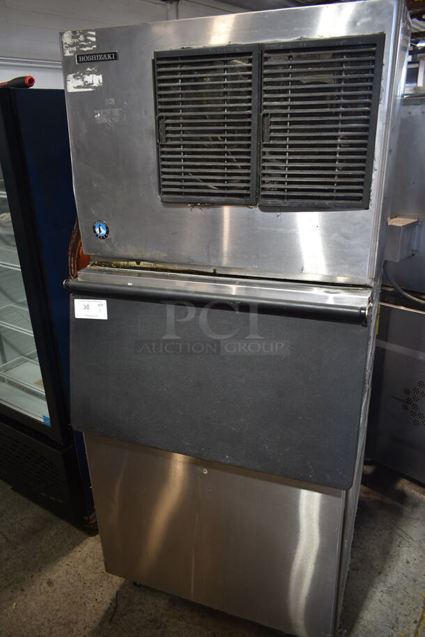 Hoshizaki KML-325MAJ Stainless Steel Commercial Ice Machine Head on Commercial Ice Bin. 115 Volts, 1 Phase. 