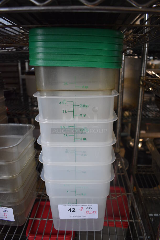ALL ONE MONEY! Lot of 12 Clear Poly 4 Quart Containers w/ 12 Green Lids. 7x7x7