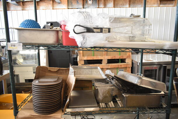 ALL ONE MONEY! Metro Lot of Various Items Including Fry Baskets, Stainless Steel Drop In Bin, Chafer Lid, Sink Strainers, Receipt Printer, Metal. Does Not Include Shelving Unit.  - Image 3 of 12
