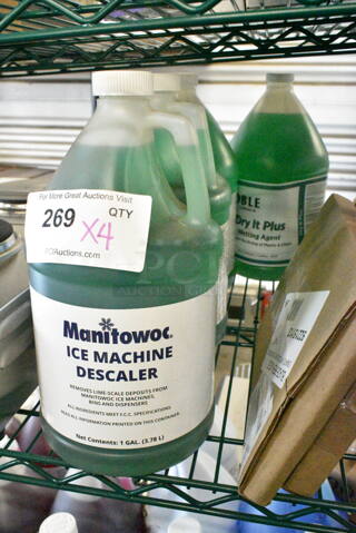 4 BRAND NEW SCRATCH AND DENT! Items Including 3 Manitowoc Descaler Jugs and 1 Noble Dry It Plus Wetting Agent Jug. 4 Times Your Bid!