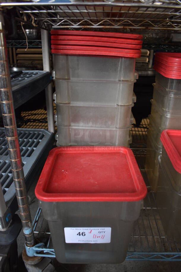 ALL ONE MONEY! Lot of 11 Clear Poly Containers w/ 11 Red Lids. 10x9x9