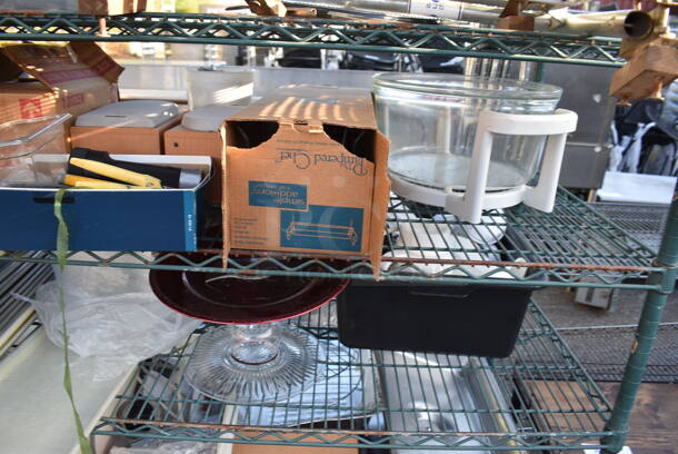 ALL ONE MONEY! Lot of 6 Tiers Worth of Various Items Including Poly Pitchers, Metal Baking Pans, Metal Chafing Dish, Basket. Does Not Include Shelving Unit - Image 6 of 9