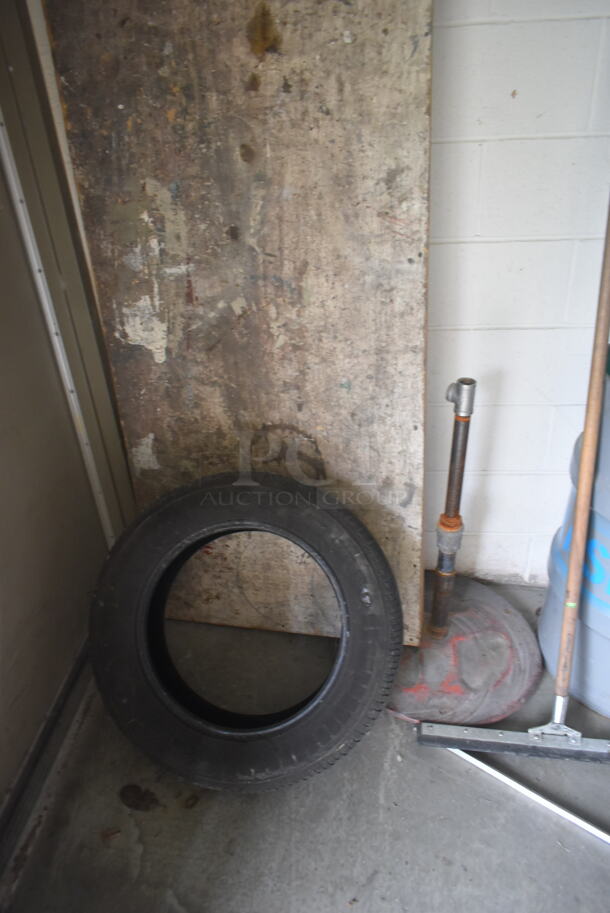 ALL ONE MONEY! Lot of Various Items Including Gray Barrel, Squeegee and Tire. BUYER MUST REMOVE. - Image 2 of 4