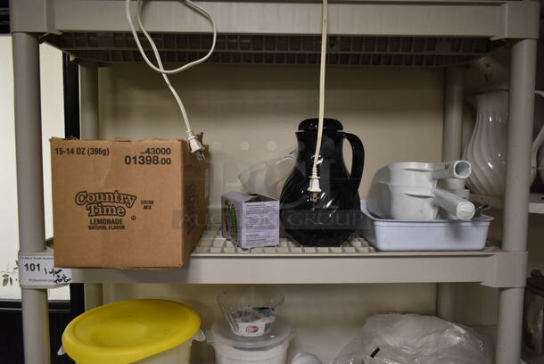 Poly 5 Tier Shelving Unit w/ Contents Including Coffee Grounds and Trash Can. BUYER MUST REMOVE: BUYER MUST DISMANTLE. PCI CANNOT DISMANTLE FOR SHIPPING. PLEASE CONSIDER FREIGHT CHARGES. (ice room) - Image 3 of 8