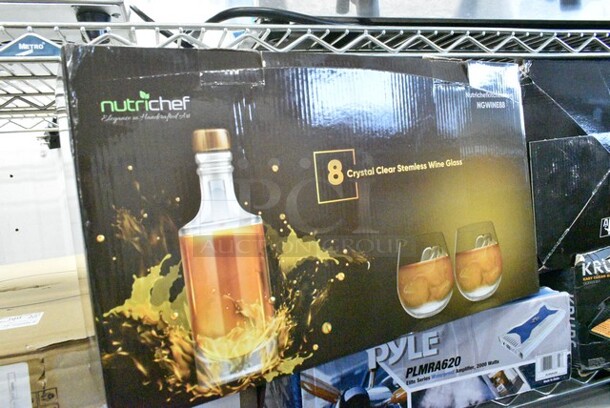 8 Various Items Including Nutrichef NGLWINE99 Wine Glass, Nutrichef NGWINE88 Crystal Clear Stemless Wine Set, Pyle PLMRA620 Elite Series Waterproof Amplifier, Krups GQ502D51 Panini Press, Riedel Bar Crystal Glasses, Umboo Bamboo Stove Topper Cutting Board, Krups Waffle Maker. 8 Times Your Bid! - Image 3 of 12