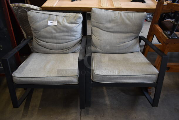 2 Black Rocking Arm Chairs w/ Gray Cushions. 2 Times Your Bid!