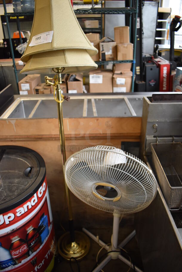 ALL ONE MONEY! Gold Finish Metal Lamp w/ Extra Shade and Floor Fan. Includes 20x18x41 - Image 1 of 4