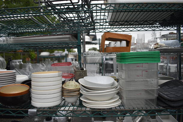 ALL ONE MONEY! Lot of Green Finish 4 Tier Shelving Unit on Commercial Casters w/ All Contents Including Stainless Steel Drop In Bins, White Ceramic Dishes, Blue Poly Lettuce Spinner, Poly Lids. BUYER MUST DISMANTLE. PCI CANNOT DISMANTLE FOR SHIPPING. PLEASE CONSIDER FREIGHT CHARGES. 72x21x69 - Image 4 of 9