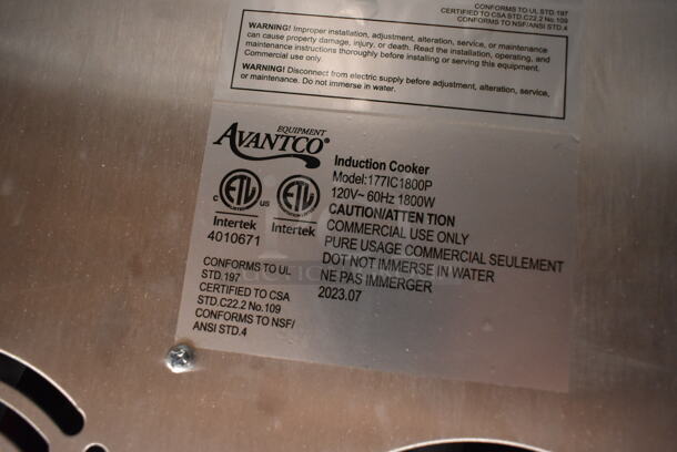 BRAND NEW SCRATCH AND DENT! Avantco 177IC1800P Stainless Steel Countertop Electric Powered Single Burner Induction Range. 120 Volts, 1 Phase.  - Image 5 of 5