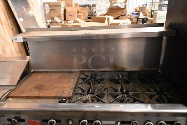 Garland PS-24G-6-2628 Stainless Steel Commercial Natural Gas Powered 6 Burner Range w/ Left Side Flat Top, 2 Ovens, Over Shelf and Back Splash.  - Image 2 of 11