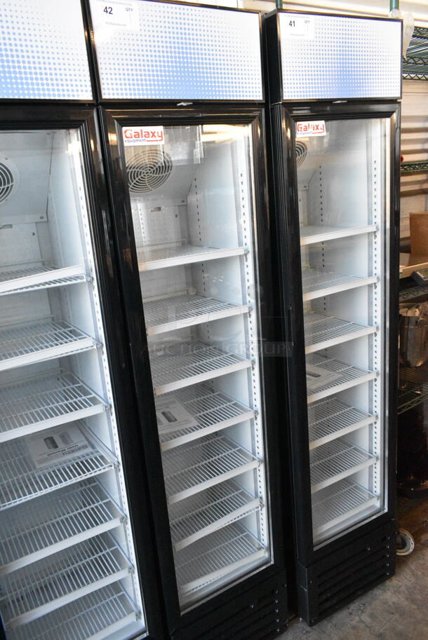 BRAND NEW SCRATCH AND DENT! Galaxy 177GDN5RBB Metal Commercial Single Door Reach In Cooler Merchandiser w/ Poly Coated Racks and Red, White, and Blue LED Lighting. 110-120 Volts, 1 Phase. Tested and Working! - Image 1 of 6