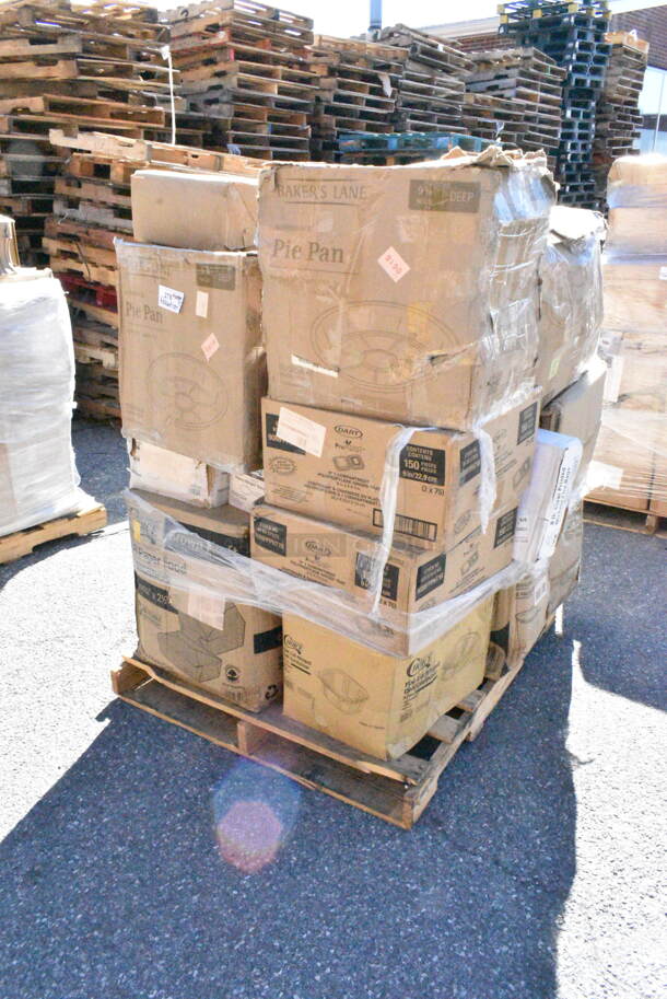 18 BRAND NEW Boxes Including 612PIEBL10DEEP Baker's Lane 9 5/8" x 1 3/16" Deep Foil Pie Pan - 500/Case, 130WHSPOONH Choice White Heavy Weight Wrapped Plastic Teaspoon - 1000/Case, 2 Box Dart 90MFPPHT1 ProPlanet 9" x 8 13/16" x 3" White Mineral-Filled 1 Compartment Hinged Lid Takeout Container - 150/Case, 127CH32 Choice 32 oz. Clear RPET Hinged Deli Container - 200/Case, 795PTOKFT8 Choice Kraft Microwavable Folded Paper #8 Take-Out Container 6" x 4 3/4" x 2 1/2" - 300/Case, 130IC8PCLW1M Choice Kraft Microwavable Folded Paper #8 Take-Out Container 6" x 4 3/4" x 2 1/2" - 300/Case, 2 Box 612OB15LBSH Choice 1.5 lb. Oblong Shallow Foil Take-Out Container - 500/Case, 24510102WBK 10" x 10" x 2 1/2" Kraft Auto-Popup Window Bakery Box - 200/Bundle. 18 Times Your Bid! - Image 1 of 12