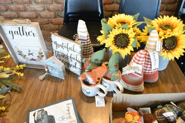3 Wood Pattern Tables w/ Contents Including Decorations, Glasses. 3 Times Your Bid! (booth room)  - Image 4 of 11