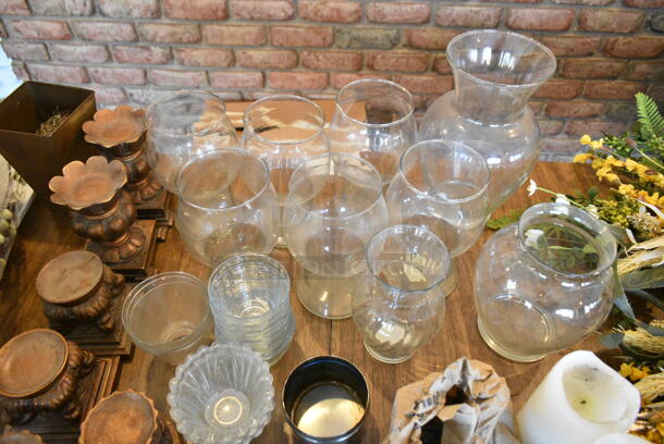 3 Wood Pattern Tables w/ Contents Including Decorations, Glasses. 3 Times Your Bid! (booth room)  - Image 7 of 11
