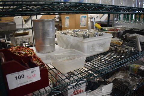 ALL ONE MONEY! Tier Lot of Various Glasses Including Salt Shakers, Metal Pitcher and Utensils