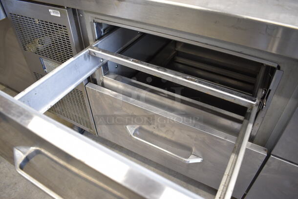 Randell Stainless Steel Commercial Pizza Prep Table w/ 4 Drawers and 1 Door on Commercial Casters. 89x34x44. Tested and Working! - Image 7 of 7