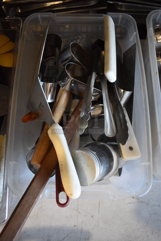 ALL ONE MONEY! Lot of Various Utensils Including Spatulas, Tongs and Dough Cutter in Poly Bin