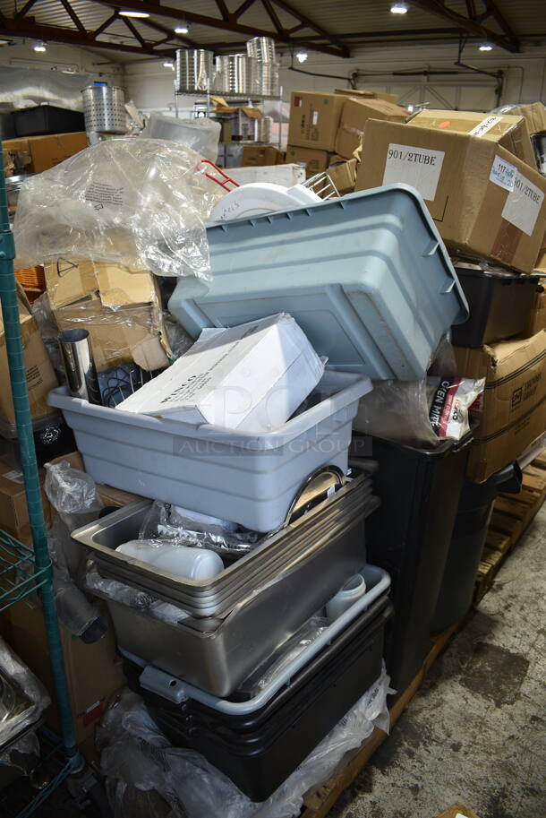 PALLET LOT of 40 BRAND NEW! Items/Boxes Including Winco STR-10 Steamer Racks, 8.25" Cake Stand, Winco ACSD-712 Straw Dispenser, Utensils, Bus Bins, Vegetable Dicer, Thermometers, Stainless Steel Drop In Bins, Black Slim Jim Trash Can, Oven Mitts, Winco WWB-10 Salad Bowl, Qualite Poly Condiment Bottles. 40 Times Your Bid! - Image 1 of 12