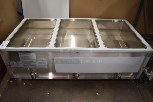 BRAND NEW SCRATCH AND DENT! ServIt 423GST3WENG Stainless Steel Commercial Natural Gas Powered Three Pan Open Well Natural Gas Steam Table. 10,500 BTU. No Legs or Under Shelf.  - Image 2 of 8
