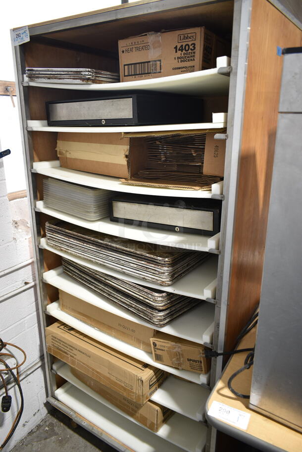 Wood Pattern Shelving Unit w/ Contents Including Metal Full Size Baking Pans, Glasses and Poly Lids. - Item #1114371