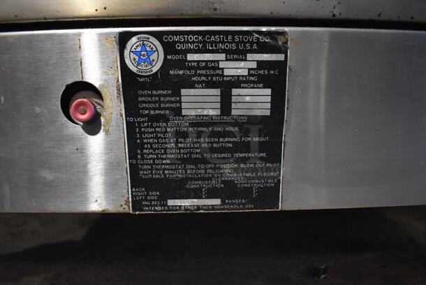 Comstock Castle C330 Metal Commercial Natural Gas Powered 6 Burner Range w/ Oven, Over Shelf and Back Splash. 35x32x59.5 - Image 5 of 9