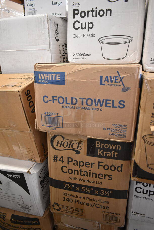 PALLET LOT of 25 BRAND NEW Boxes Including 3 Boxes 127PL2 Choice PET Plastic Lid for 1.5 to 2.5 oz. Souffle Cup / Portion Cup - 2500/Case, Box 2 oz Portion Cups, 500CC9 Choice 9 oz. Clear PET Customizable Plastic Squat Cold Cup - 1000/Case, 3 Box Charger Plate, 500CFT Lavex White C-Fold Standard Weight Towel - 2400/Case, 2 Box 795PTOKFTW4 Choice 8 3/4" x 6 1/2" x 3 1/2" Kraft Folded Paper #4 Take-Out Container with Window - 140/Case, 130HCUTFWR Visions Individually Wrapped White Heavy Weight Plastic Fork - 1000/Case, 2 Box 612509LCO Choice 9" Round Standard Weight Foil Take-Out Pan with Board Lid - 200/Case, 2 Box AD06 Genpak 6 oz. Clear Hinged Deli Container - 400/Case, 612P509S Choice 9" Clear Round Plastic Dome Lid - 500/Case, 394365L Noble Products Powder-Free Disposable Clear Vinyl Gloves for Foodservice - Large - 1000/Case, 2 Box 130BKFSNH Visions Heavy Weight Black Wrapped Plastic Cutlery Pack with Napkin - 500/Case, 128HD8COMBO ChoiceHD 8 oz. Microwavable Translucent Plastic Deli Container and Lid Combo Pack - 240/Case, 176ALSPILLFL Choice Full Size 6" Deep Aluminum Steam Table Spillage / Water Pan. 25 Times Your Bid! - Image 5 of 12