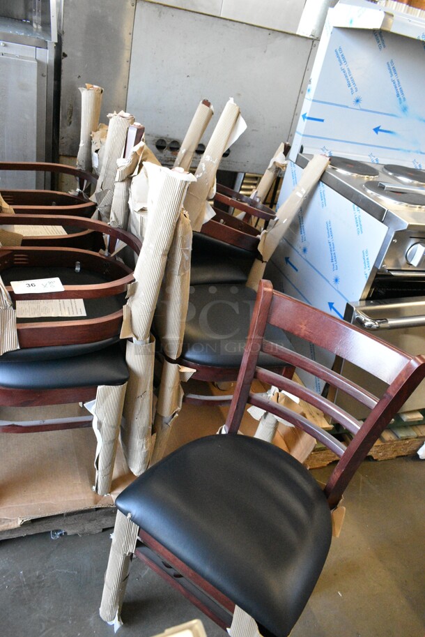 8 BRAND NEW SCRATCH AND DENT! Lancaster Table & Seating 164CLADMAHFR Wooden Dining Height Ladder Back Chair w/ Black Cushion. 8 Times Your Bid! - Image 2 of 9