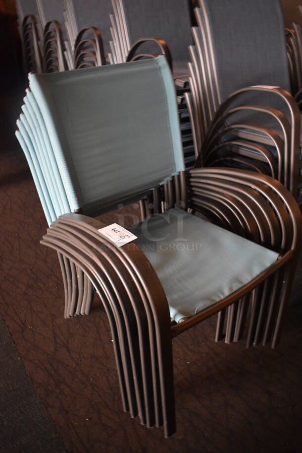 9 Metal Outdoor Patio Chairs w/ Teal Seat and Arm Rests. BUYER MUST REMOVE. 22x19x35. 9 Times Your Bid! (Susquehanna Ale House) - Image 2 of 4