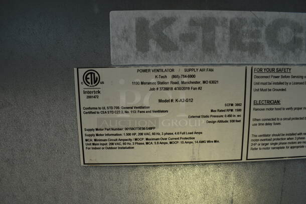 K-Tech Model K-A2-G12 Metal Commercial Power Ventilator Supply Air Fan. 208 Volts, 3 Phase. 40x40x39, 52x27x30 - Image 5 of 10