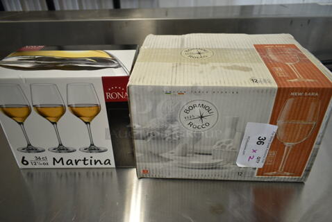 2 BRAND NEW! Boxes of Glasses; 4 Martini Wine Glasses and 12 Bormioli Rocco 55272Q661 Wine Glasses. 2 Times Your Bid!