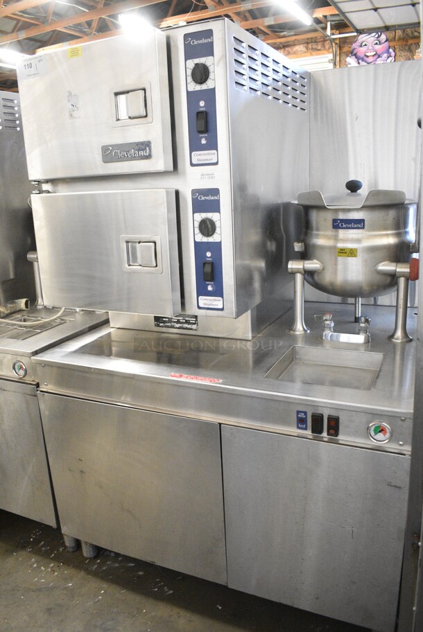 Cleveland 42CKGM300 Stainless Steel Commercial Natural Gas Powered 2 Deck Steam Cabinet w/ Cleveland KDT-6T Countertop 6 Quart Tilting Steam Kettle. 300,000 BTU.  - Image 1 of 8