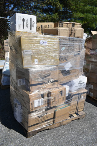 PALLET LOT of 33 BRAND NEW Boxes Including 130WBKSPOONH Choice Black Heavy Weight Wrapped Plastic Teaspoon - 1000/Case, 129MCS28B Choice 28 oz. Black Rectangular Microwavable Heavy Weight Container with Lid 8 3/4" x 6 1/4" x 1 3/4" - 150/Case, 2 Box 128HD8COMBO ChoiceHD 8 oz. Microwavable Translucent Plastic Deli Container and Lid Combo Pack - 240/Case, 129MCS242CB Choice 30 oz. Black 8 3/4" x 6" x 2 3/4" 2-Compartment Rectangular Microwavable Heavy Weight Container with Lid - 150/Case, 2 Box 130WHSPOONH Choice White Heavy Weight Plastic Teaspoon - 1000/Case, 130BKFKSNH Choice Black Heavy Weight Wrapped Plastic Cutlery Pack with Napkin - 500/Case, 500TO993C3 Choice 9" x 9" x 3" Microwaveable 3-Compartment Black / Clear Plastic Hinged Container - 100/Case, 795PTOBK8 Choice Black Microwavable Folded Paper #8 Take-Out Container 6" x 4 3/4" x 2 1/2" - 300/Case, 127P2C Choice Clear Plastic Souffle Cup / Portion Cup - 2 oz. - 2500/Case, 4 Box 130BFORKWP Choice Individually Wrapped Medium Weight Black Plastic Fork - 1000/Case, 795PTOKFT8 Choice Kraft Microwavable Folded Paper #8 Take-Out Container 6" x 4 3/4" x 2 1/2" - 300/Case, 612D3COMP Choice 8 1/2"x 6 3/8" 3-Compartment Oblong Foil Take-Out Container with Board Lid - 250/Case, 795PTOBK8 Choice Black Microwavable Folded Paper #8 Take-Out Container 6" x 4 3/4" x 2 1/2" - 300/Case, 127CH04 Choice 4 oz. Clear RPET Hinged Deli Container - 400/Case, 347BP10C3BK Choice 10 1/4" 3-Compartment Black Plastic Plate - 500/Case. 33 Times Your Bid! 