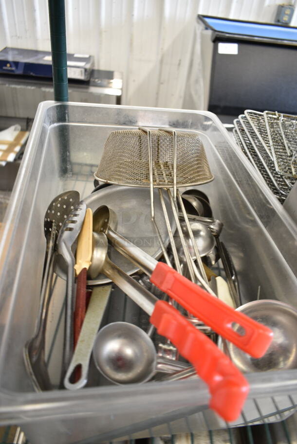 ALL ONE MONEY! Three Tier Lot of Various Items Including Metal Full Size Baking Pans, Stainless Steel Drop In Bins, Wine Glasses, Pizza Pans and Utensils.  - Image 2 of 12