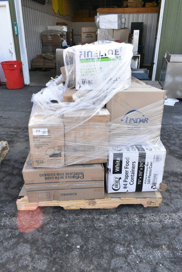 14 BRAND NEW Boxes Including Fineline 42PCL2 Conserveware PETE Lid for 2 oz. Portion Cup - 2500/Case, 433NHT108 Choice 1/6 Standard Size White "Happy Face" Heavy-Duty Plastic T-Shirt Bag - 500/Case, 128HD12COMBO Choice Heavy Duty 12 oz. Microwavable Translucent Plastic Deli Container and Lid Combo Pack - 240/Case, 5008W Choice 8 oz. Tall White Poly Paper Hot Cup - 1000/Case, 795PTOWH4 Choice White Microwavable Folded Paper #4 Take-Out Container 7 3/4" x 5 1/2" x 3 1/2" - 160/Case, Dart 12BWWCR Concorde 10-12 oz. White Non-Laminated Round Foam Bowl - 1000/Case, 500CC16 Choice Heavy Weight 16 oz. Clear Plastic Cold Cup - 1000/Case, 128HD12BULK Choice Heavy Duty 12 oz. Microwavable Translucent Plastic Deli Container - 480/Case, 433910P Choice 9" White Uncoated Paper Plate - 1200/Case. 14 Times Your Bid!  - Image 1 of 11